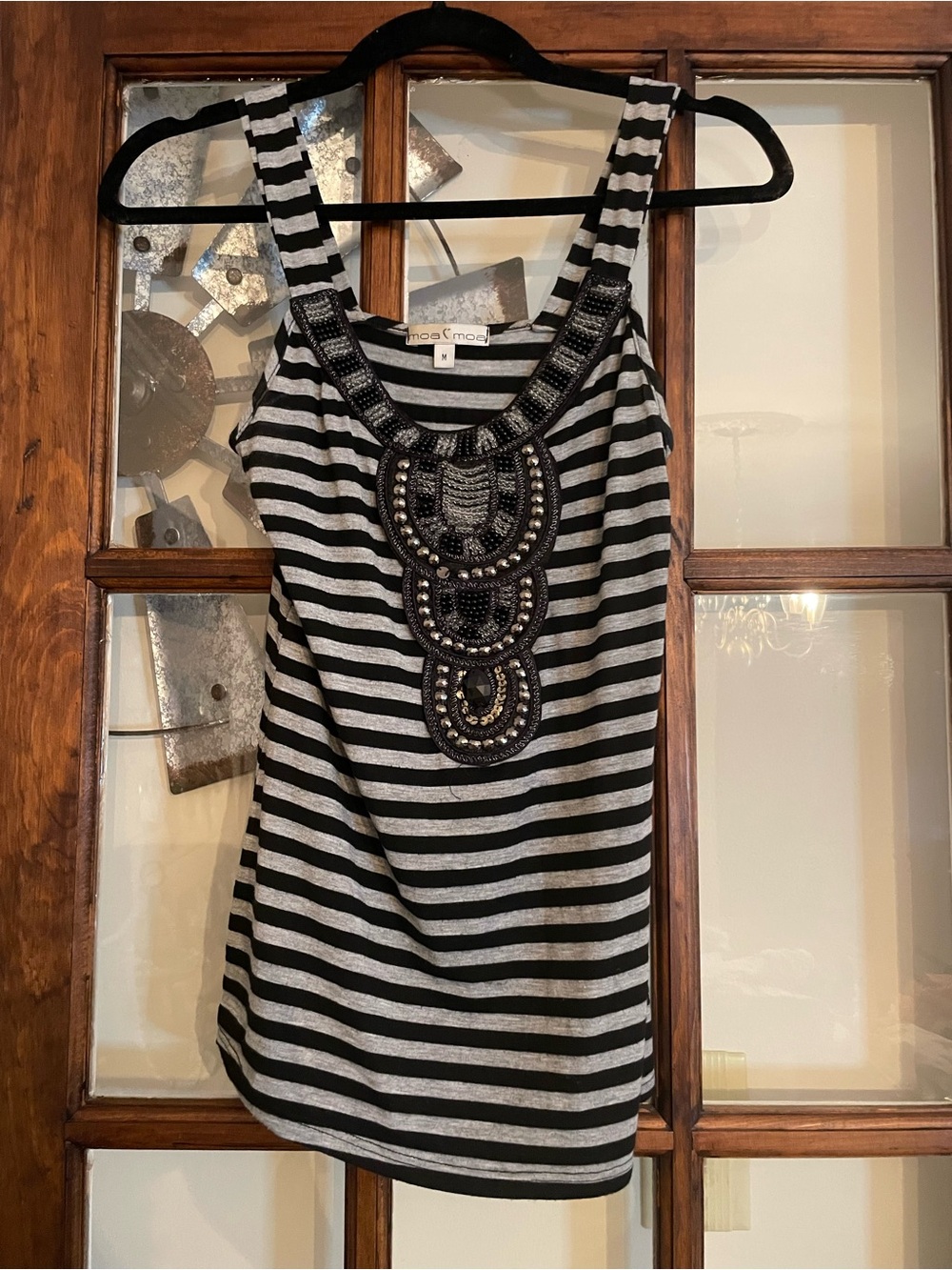 Vintage Y2K Moa Moa Beaded Striped Tank Top Gray Black Embellished Tunic Size M